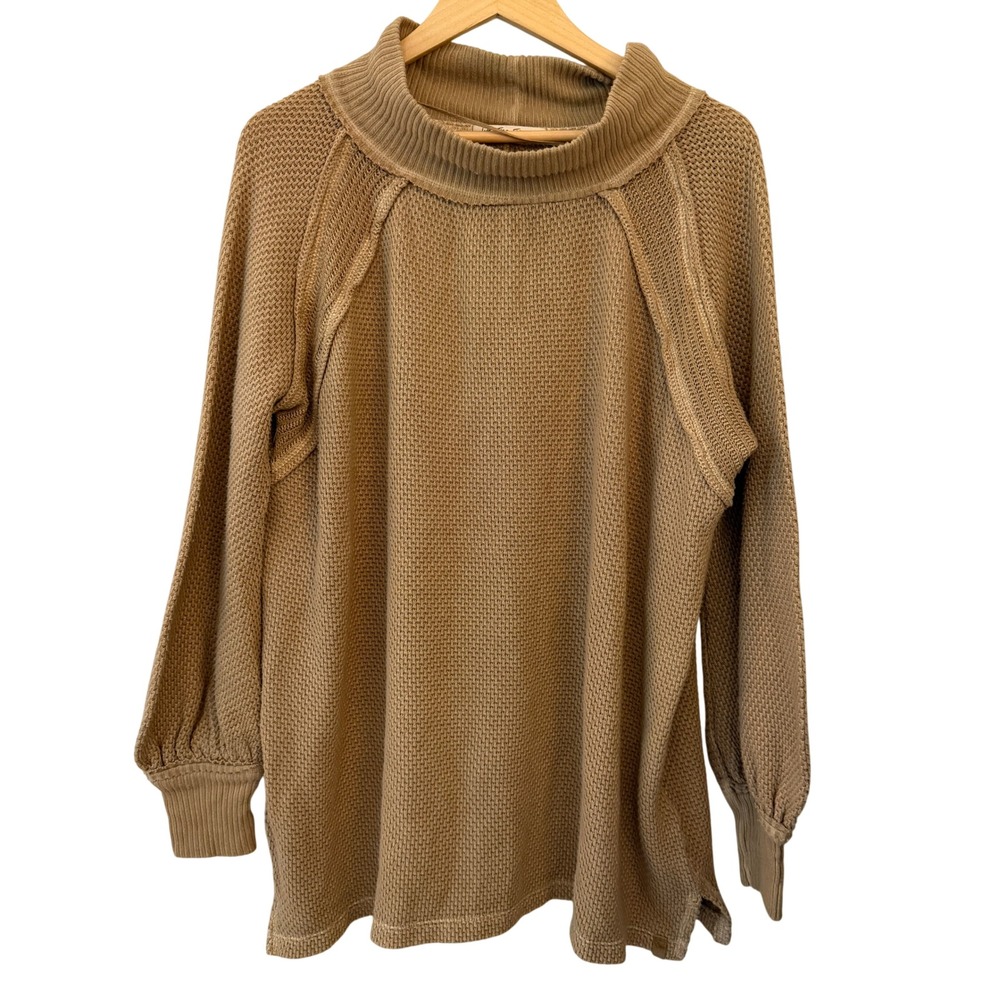 We The Free Thermal Knit Top Womens Medium Tan Excellent Mock Neck Waffle Seam